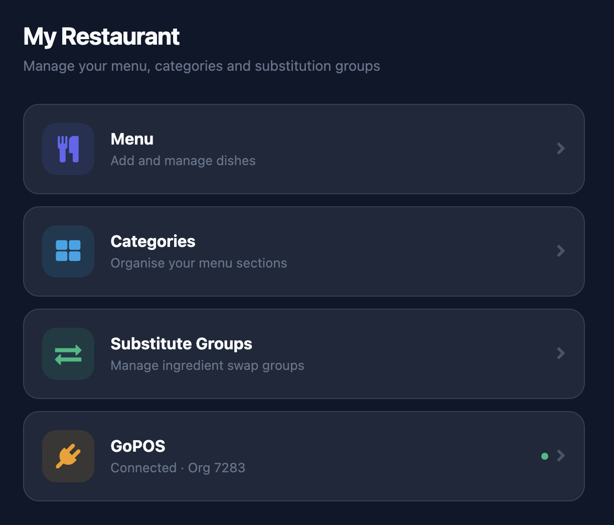 The restaurant staff app: menu, categories, substitute groups and a connected GoPOS integration