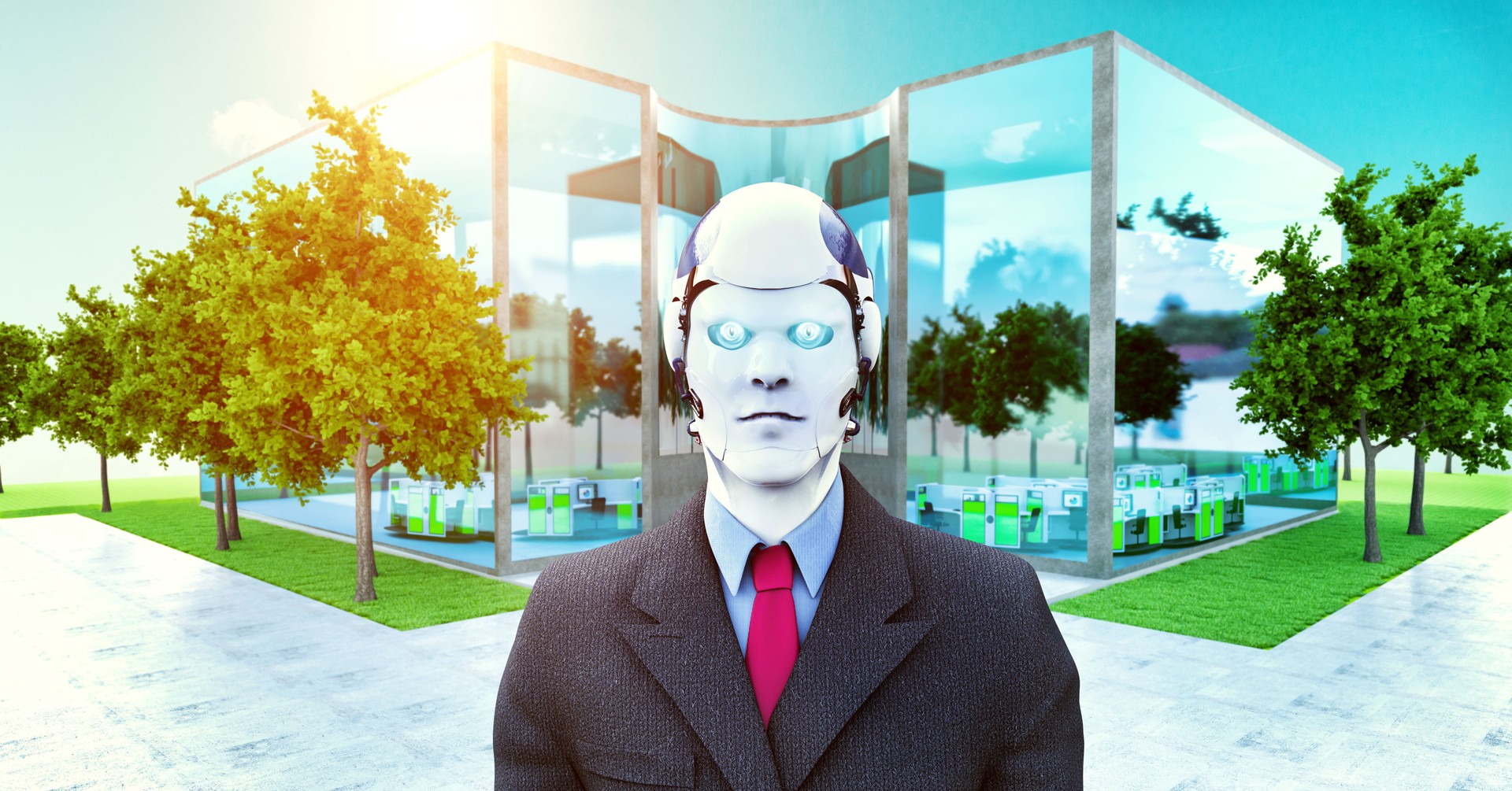 Robot is part of future work force and stands in front of an office building